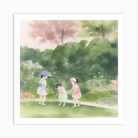 Three Little Girls In A Garden Art Print