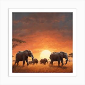 Elephants At Sunset Art Print