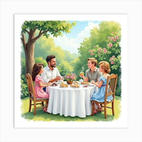 An English Garden Tea Party With Guests Enjoying Tea And Delicious Snacks, Watercolor 1 Art Print