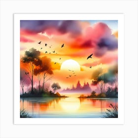 Sunset With Birds And Trees Art Print