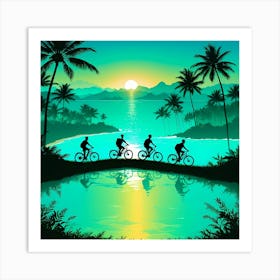 Beautiful Life of Youth, Riding Bicycle With Friends at Sunset Art Print