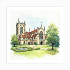 Watercolor Of The Mottisfont Abbey In Hampshire, Showcasing Its Medieval Architecture And Peaceful Gardens Art Print