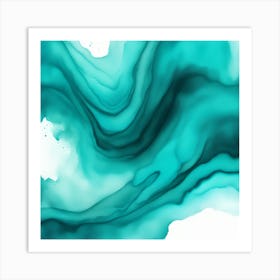 Beautiful cyan teal abstract background. Drawn, hand-painted aquarelle. Wet watercolor pattern. Artistic background with copy space for design. Vivid web banner. Liquid, flow, fluid effect. Art Print