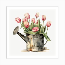 Vintage Watering Can With Tulips Art Print