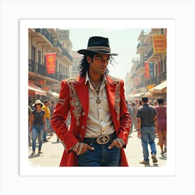 Michael Jackson In A Watercolor Festive Street Scene 1 Art Print