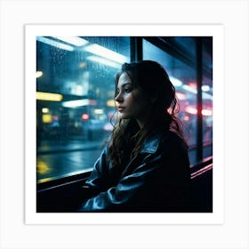 Evening Street Photography Capturing A Beautiful Woman In A Moody Pensive Pose Inside A Wet Bus She Art Print