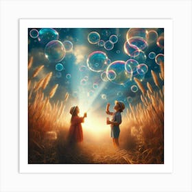 Children In The Field With Soap Bubbles Art Print