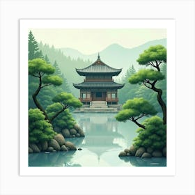 Serene Japanese Temple Surrounded By Lush Greenery And Misty Watercolor Tones 1 Art Print