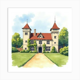 Watercolor Of The Harvington Hall In Worcestershire, Capturing Its Medieval Charm And Beautiful Surroundings Art Print