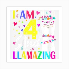 Kids I Am 4 Years Old And Llamazing Llama 4th Birthday Art Print