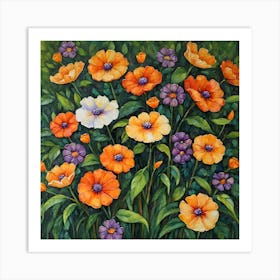 A Painting Of A Lush Green Bush Filled With Purple And Orange Flowers Art Print