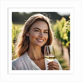 Woman Drinking Wine In Vineyard Art Print