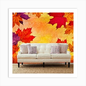 An Abstract Fall Themed Wallpaper A Group Of Maple Leaves In A Rainbow Of Autumn Hues Vivid Red W (1) Art Print