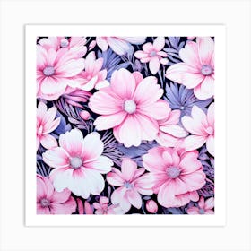 Floral Fantasia A Vibrant Pattern Bursting With Baby Pink White Flowers Perfect For Those Pink Flowers On Black Background 1 Art Print