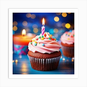 Birthday Celebration Cupcake Adorned With Vibrant Hued Frosting Single Candle Alight Casting A So (1) Art Print