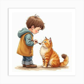 Watercolor Painting Of A Child Brushing A Fluffy Maine Coon Cat Art Print