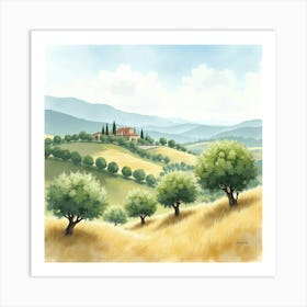 Serene Watercolor Of A Tuscan Landscape With Olive Trees And Distant Mountains 1 Art Print