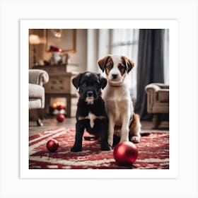 Christmas Dogs In The Living Room Art Print