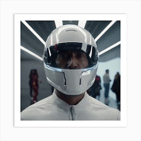 Create A Cinematic Apple Commercial Showcasing The Futuristic And Technologically Advanced World Of The Man In The Hightech Helmet, Highlighting The Cuttingedge Innovations And Sleek Design Of The Helmet And (2) Art Print