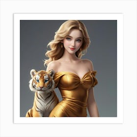 Golden Girl With Tiger Art Print