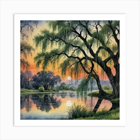 Willow Trees At Sunset Art Print