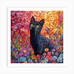 Black Cat In Flowers 2 Art Print