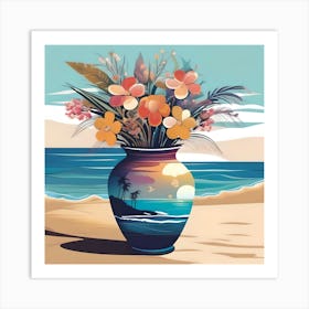 Flower Vase Decorated with Seascape and Palm Trees, Blue, Orange and Beige Art Print