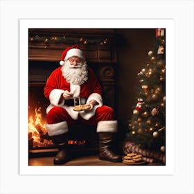 Santa Claus Sitting In Front Of Fireplace 2 Art Print