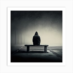 Lonely Man Sitting On A Bench at night Art Print