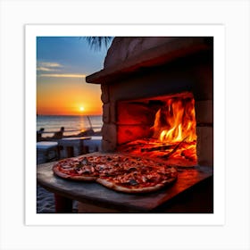 A Beachside Pizzerias Outdoor Oven Its Vibrant Red Bricks Reflecting The Warmth Of The Setting Sun Art Print