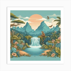 Monkey at the waterfall, Boho style 3 Art Print