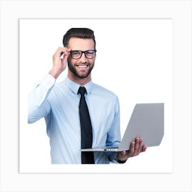 Businessman With Laptop On White Background Art Print