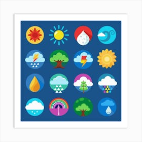 Set Of Nature Icons In Colorful Circles Art Print