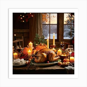 An Inviting Feast Unfolds In A Homey Abundant Setting Right At The Center A Roasted Turkey Radiati (1) 2 Art Print