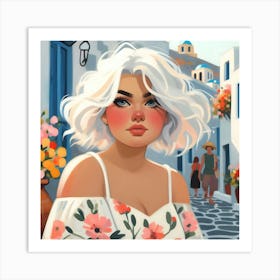 Santorini Girl with White Hair Art Print