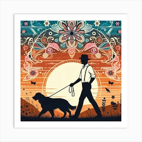 Boho art Silhouette of man with dog 2 Art Print