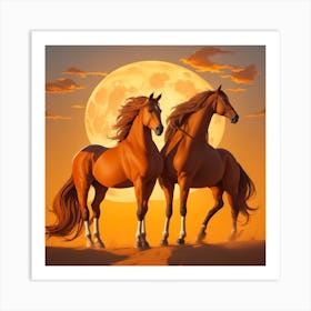 Two Horses In Front Of The Moon 1 Art Print