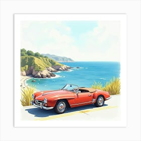 Elegant Roadster By A Beautiful Coastal Highway, Watercolor Painting 1 Art Print