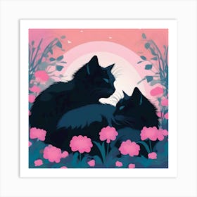 Silhouettes Of Cats In The Garden At Night, Nero, Blue, Pink And Fuchsia Art Print