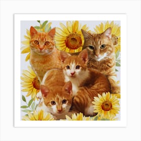 Four Cats With Sunflowers Art Print