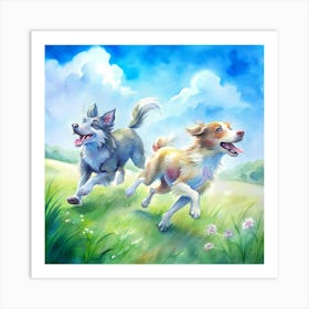 Two Dogs Running In The Field 1 Art Print