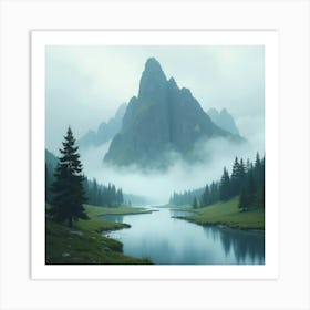 Watercolor Scene Of The Argonath Looming Over A Misty River Art Print