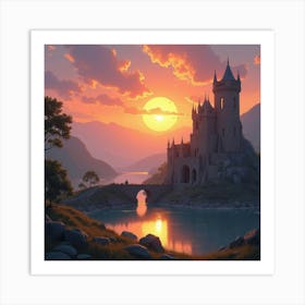 Serene Watercolor Sunset Over Majestic Castle Ruins 1 Art Print