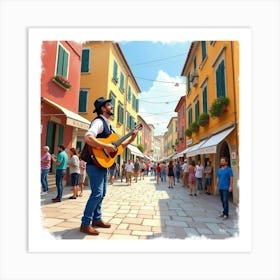 Watercolor Painting Of An Italian Musician Performing At A Lively Street Festival Art Print