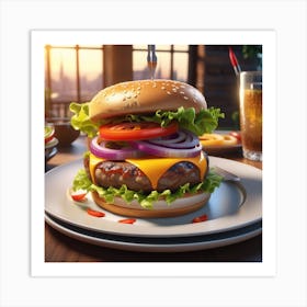 Burger On Plate On Table Ultra Hd Realistic Vivid Colors Highly Detailed Uhd Drawing Pen And I (15) Art Print