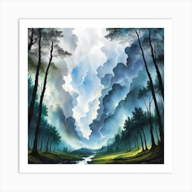 Dark Forest With Thunder And Lightning Art Print