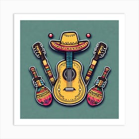 Mexican Guitar And Maracas Sticker 2d Cute Fantasy Dreamy Vector Illustration 2d Flat Centere (56) Art Print