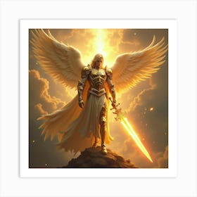 Warrior Angel With Golden Armor And A Flaming Sword In A Heavenly Realm 1 Art Print