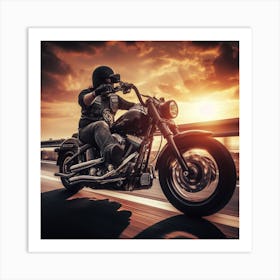 Harley-Davidson Motorcycle Rider At Sunset Art Print