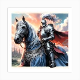 Knight In Silver Armor On His Decorated Horse Color Drawing 1 Art Print